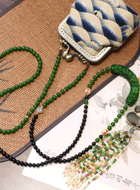 新中式国风绿玉项链手工穿珠链流苏高级感气质单肩斜挎链手机包