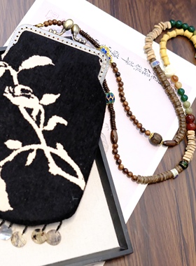 新中式沉香国风复古菩提刺绣零钱包多用斜挎链复古撞色国潮配饰女