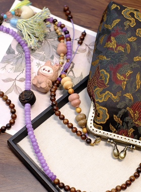 新中式国风檀木文玩多宝面料流苏项链女轻奢斜挎包链手机链