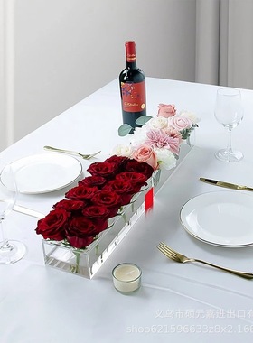 跨境新品餐桌摆件透明亚克力花瓶长方形花瓶婚礼装饰玫瑰花瓶装饰