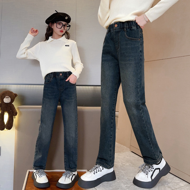 女童加绒裤子秋冬2025新款中大童一体加厚直筒长裤冬季儿童牛仔裤,淘宝优惠券,粉丝福利购,淘宝优惠卷