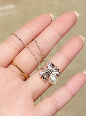 不规则蝴蝶结珍珠项链通体925纯银镀金锁骨链时尚百搭女小众设计
