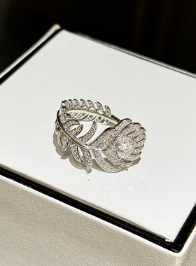 羽毛戒指开口可调节通体925纯银闪钻重工叶子女戒时尚网红同款