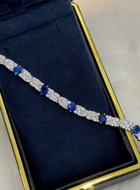 珠宝级爆闪高碳钻蓝钻手链通体925纯银富婆名媛老钱风晚宴首饰女