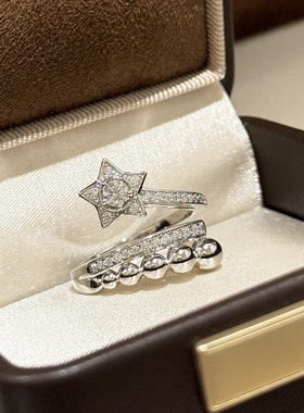 欧美小香风五角星戒指通体925纯银光珠错位流星开口女戒优雅配饰