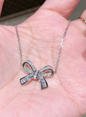 轻奢小香风蝴蝶结项链通体925纯银T方钻X交叉吊坠轻奢珠宝级配饰