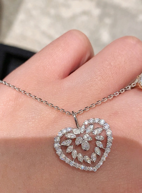 欧美高级感爱心项链通体925纯银满钻心形锁骨链新年圣诞礼物珠宝