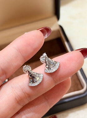 欧美几何碎碎冰纹路扇形耳钉三角形通体925纯银不过敏银饰女耳环