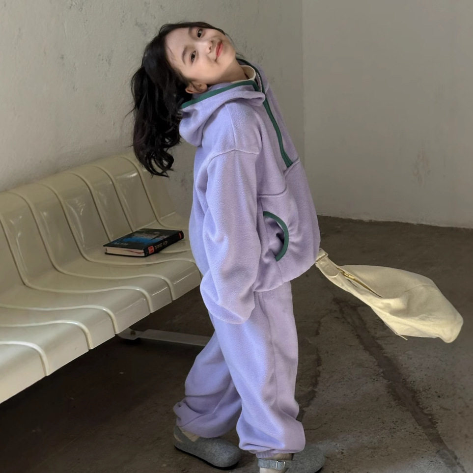 韩系童装秋冬款女童双面摇粒绒保暖连帽卫衣+运动裤休闲两件套装,淘宝优惠券,粉丝福利购,淘宝优惠卷