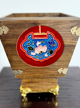 老榆木实木花插立体浮雕摆件