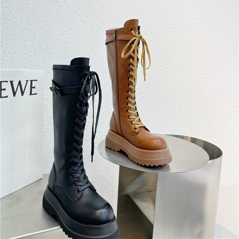 长筒靴女2025秋冬新款粗跟厚底中高筒系带不过膝马丁靴骑士靴子女 - 图1
