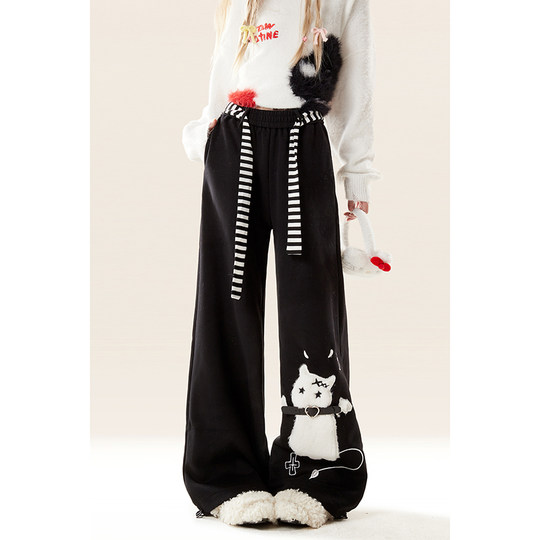 Черные повседневные спортивные штаны для женщин на весну, осень и зиму в стиле котенка с вышивкой
