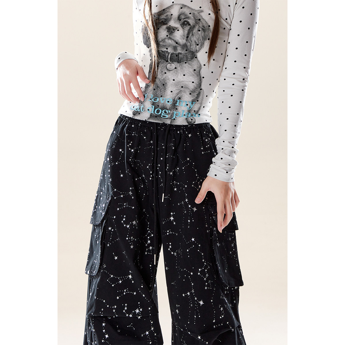 自然涩美式复古星星烫银休闲裤女秋冬季y2k翅膀装饰褶皱工装裤子 - 图1