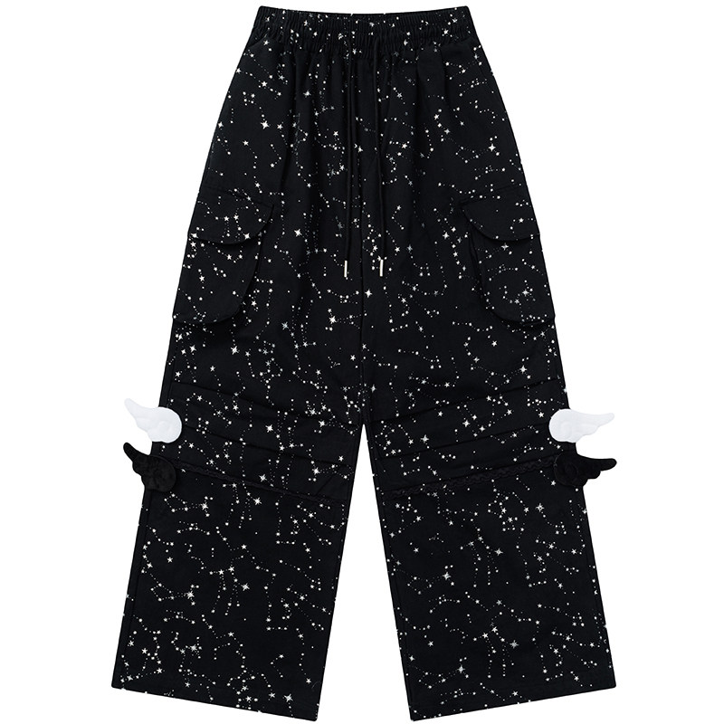 自然涩美式复古星星烫银休闲裤女秋冬季y2k翅膀装饰褶皱工装裤子 - 图3