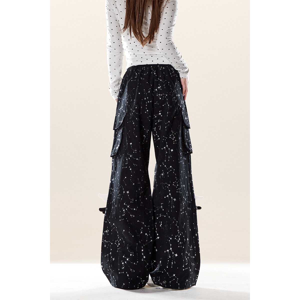 自然涩美式复古星星烫银休闲裤女秋冬季y2k翅膀装饰褶皱工装裤子 - 图2