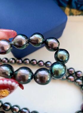 日本椭圆形大溪地孔雀绿炫彩项链