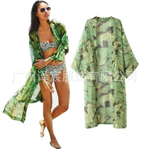 Womens green tree leaf printed chiffon cardeligan