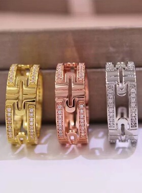 情侣款回形针宽版镶钻男女戒指