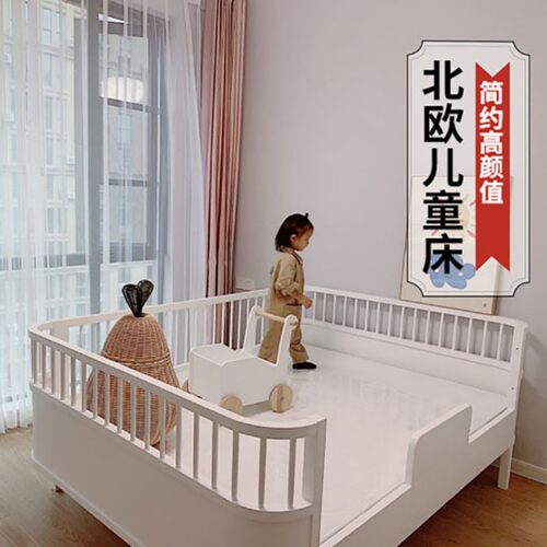瑞真家居实木儿童床男孩女孩单人床拼接床多功能欧式带护栏1米2 - 图1