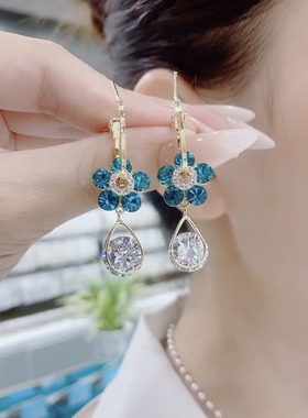 蓝色锆石闪钻耳环女潮