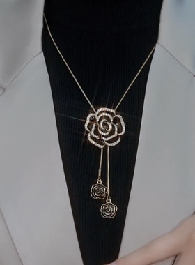 秋冬款玫瑰花毛衣链项链女