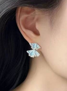 专柜品牌蓝色系小众锆石扇形耳钉 精致气质高级感耳环 甜美百搭气