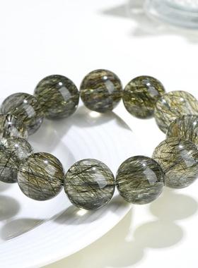 2026久雅水晶 天然级碧玺绿发晶圆珠手链 老矿深绿色粗发晶散珠手