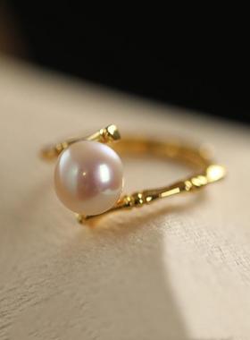 2026新款竹节珍珠戒指女小众设计开口食指轻奢感时尚个性指环潮流