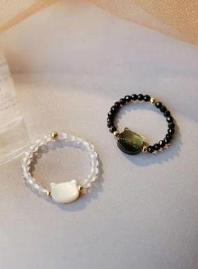 2026可爱猫咪串珠戒指女黑白猫头食指戒ins小众送闺蜜款指环百搭