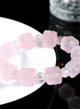 2026久雅水晶 天然粉水晶凤穿牡丹方糖手链 甜美粉色方型凤凰手串