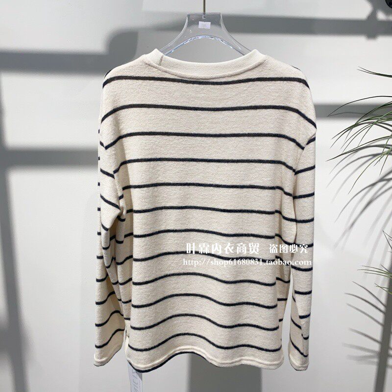 热销韩版女装圆领条纹长袖T恤糯米绒基础宽松打底衫都市百搭春秋