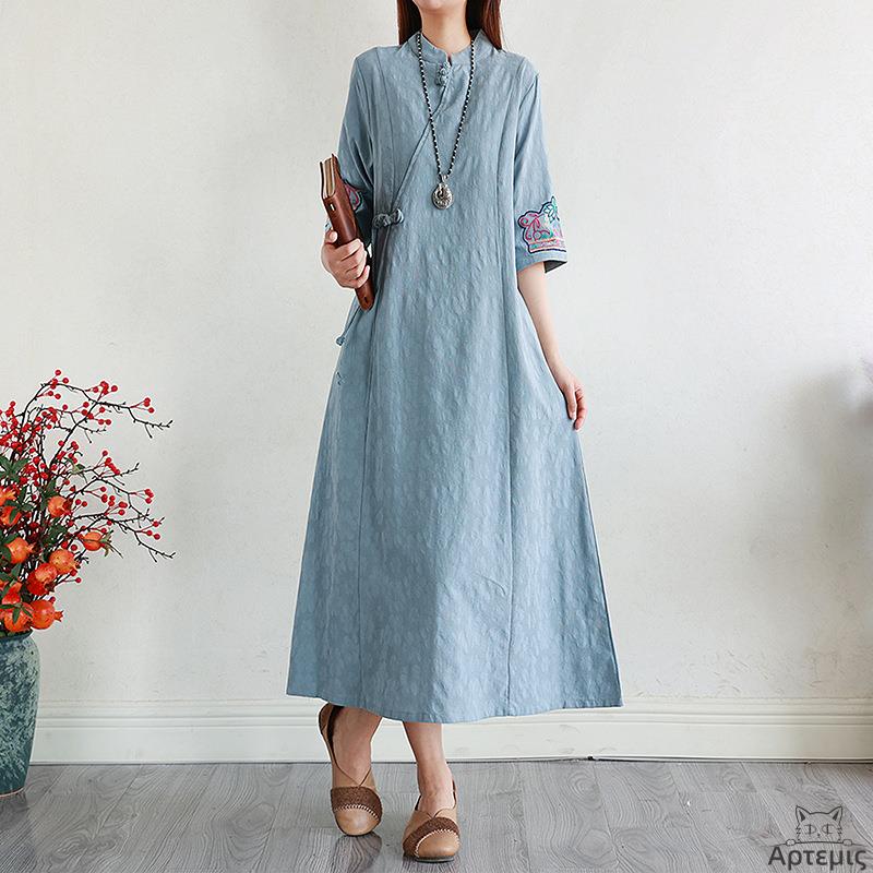 复古民族风棉麻连衣裙女刺绣改良旗袍裙Women retro cotton dress - 图3