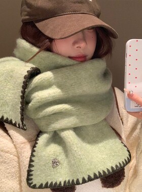 撞色锁边羊毛混纺针织围巾女冬季2025新款时尚设计感保暖软糯围脖