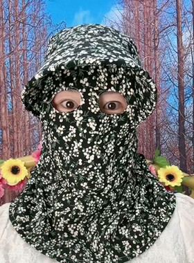 新款碎花格子遮阳帽户外采茶护全脸下地干活遮挡紫外线护颈大檐帽
