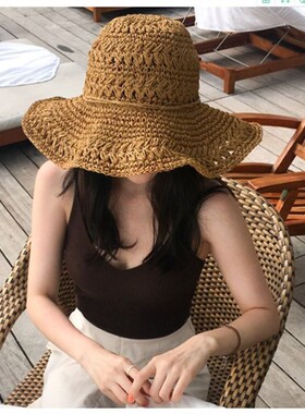 夏季手工编织镂空草帽女夏海边沙滩大帽檐遮阳可折叠防晒渔夫帽子