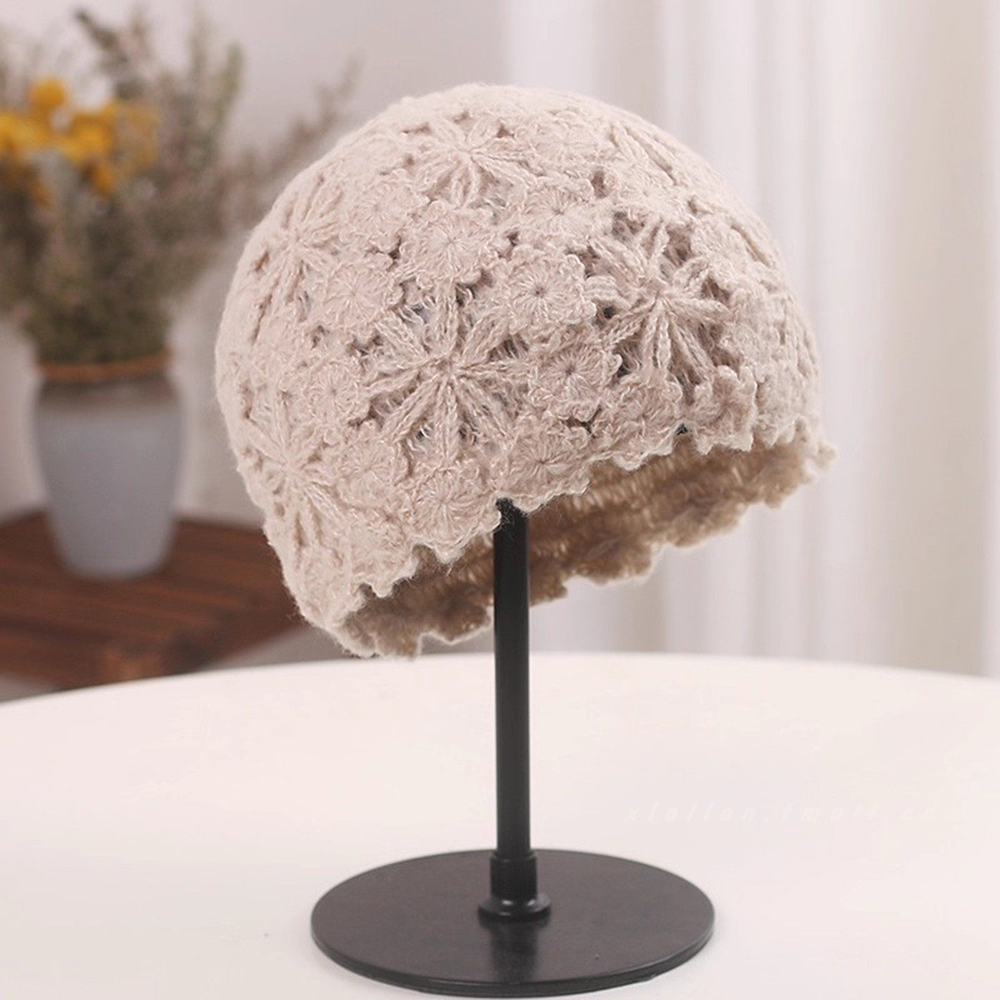 日系小众文艺蕾丝花朵镂空包头帽女甜美时尚保暖针织毛线帽瓜皮帽