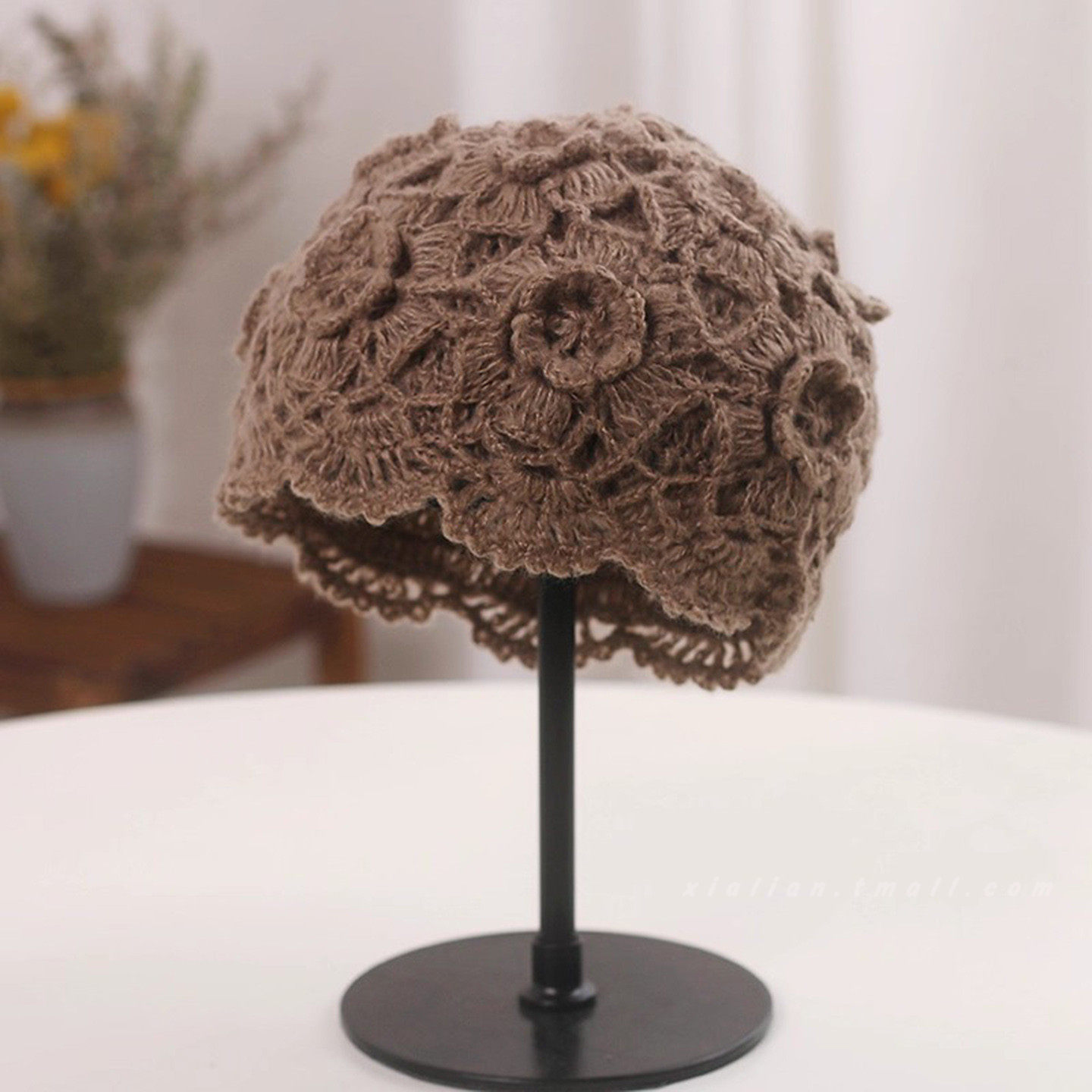 日系小众文艺蕾丝花朵镂空包头帽女甜美时尚保暖针织毛线帽瓜皮帽