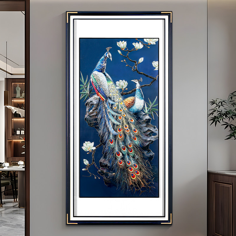新中式玄关过道背景墙竖版挂画富贵吉祥铜雕画手工雕刻孔雀壁画