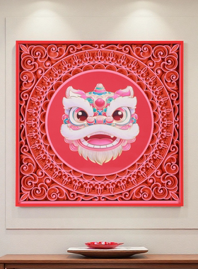 国潮醒狮手工铜雕红色装饰画