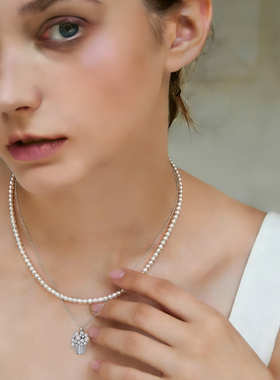 饰悟银饰花篮珍珠双层锁骨链新款