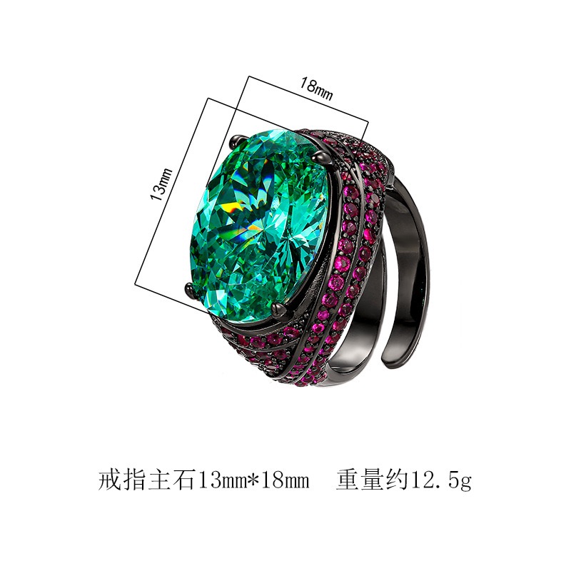 新款铜镀枪黑色仿绿碧玺戒指女款仿坦桑石镶钻指环轻奢满钻食指戒 - 图3