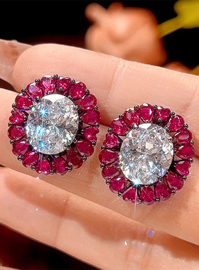 新款铜镀枪黑色仿彩宝镶钻花朵吊坠女款项链仿红宝石耳钉开口戒指