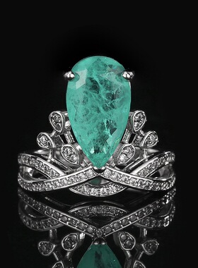 新款铜镀银饰品仿祖母绿宝石镶钻皇冠戒指仿蓝碧玺开口指环女戒子