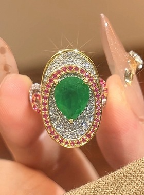 新款铜镀银饰品女仿祖母绿宝石戒指仿彩宝镶钻开口指环欧美风戒子