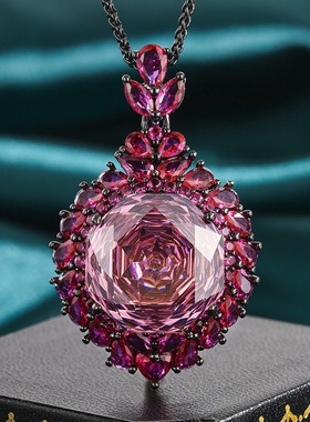 新款铜镀枪黑色仿彩宝镶钻挂坠玫瑰切轻奢项链女款仿帕拉伊巴吊坠