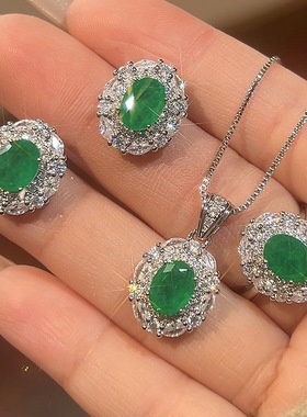 新款铜镀银饰品仿祖母绿吊坠项链女仿帕拉伊巴蓝碧玺耳环镶钻戒指