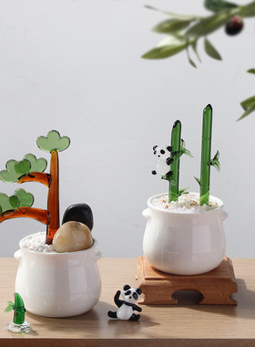 琉璃盆栽小摆件创意琉璃青竹迎客松植物盆栽办公桌玻璃工艺品礼物