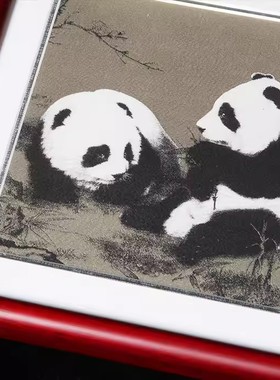 中国风熊猫真丝云锦框画摆件