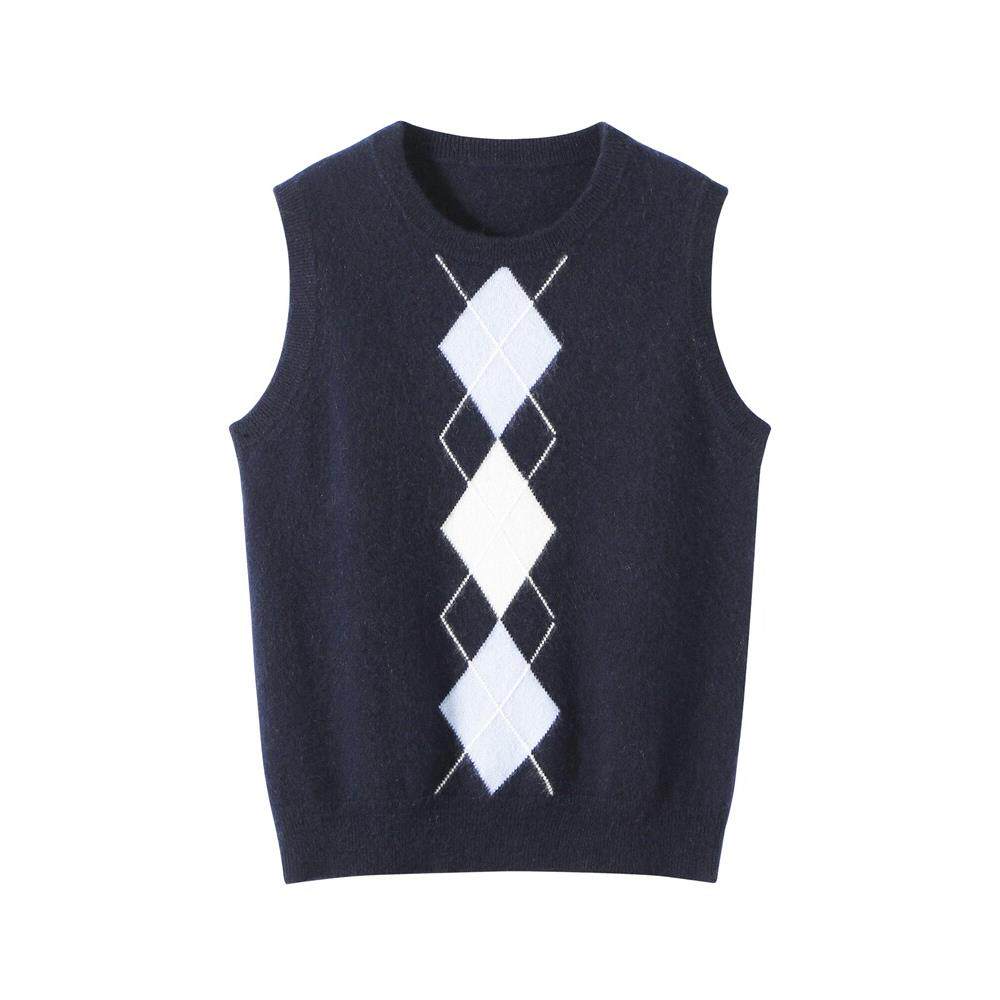26 spring style round neck diamond intarsia cashmere vest for women loose layered sleeveless inner sweater vest