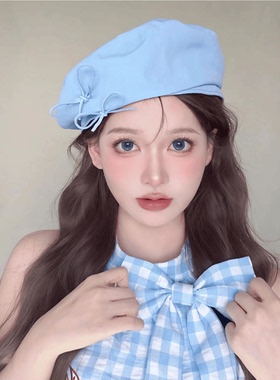 元气少女感布莱茵蓝蝴蝶结贝雷帽